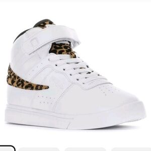 Fila White and Leopard Print High-Top Sneakers